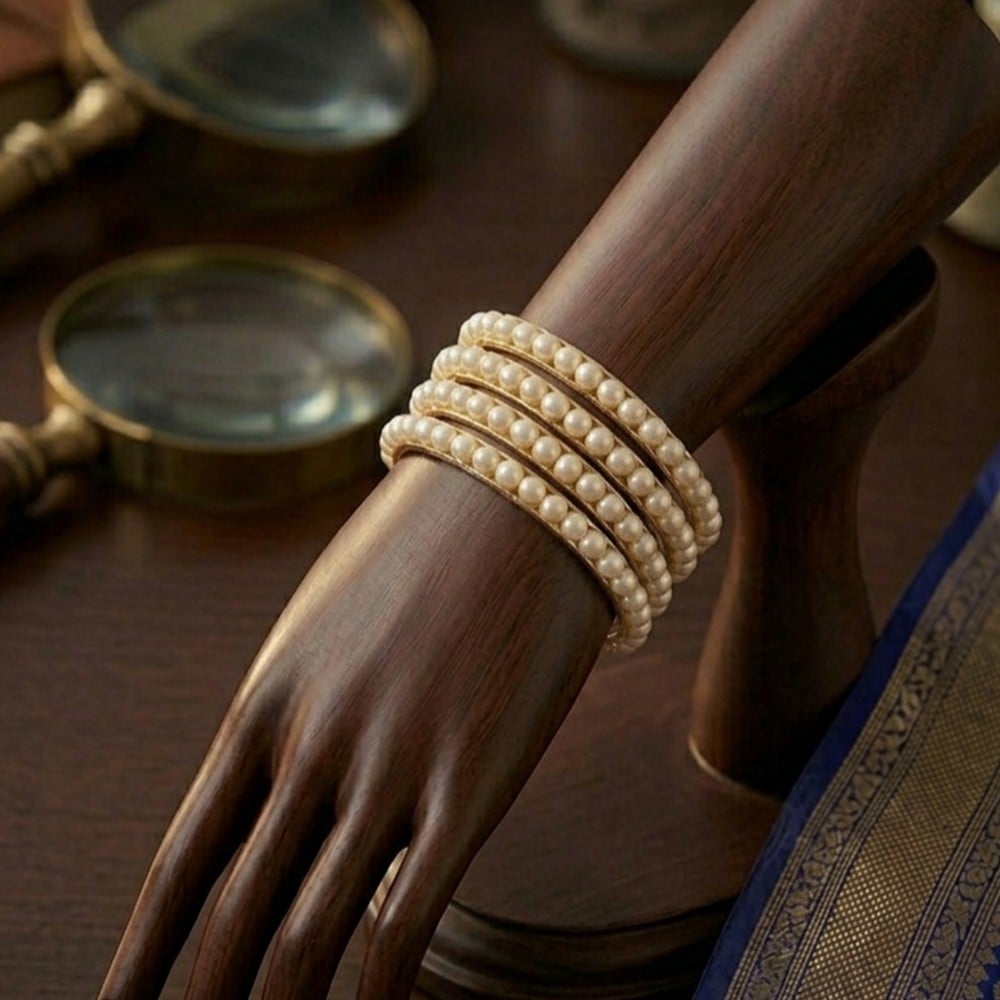 Handcrafted Pearl Bangles in Alloy Metal and Glass Beads